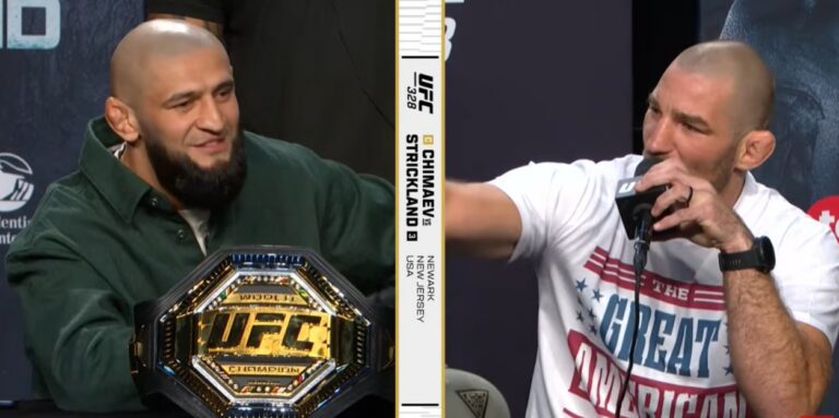 VIDEO: UFC 328 Press Conference Chaos – Khamzat Chimaev kicks Sean Strickland